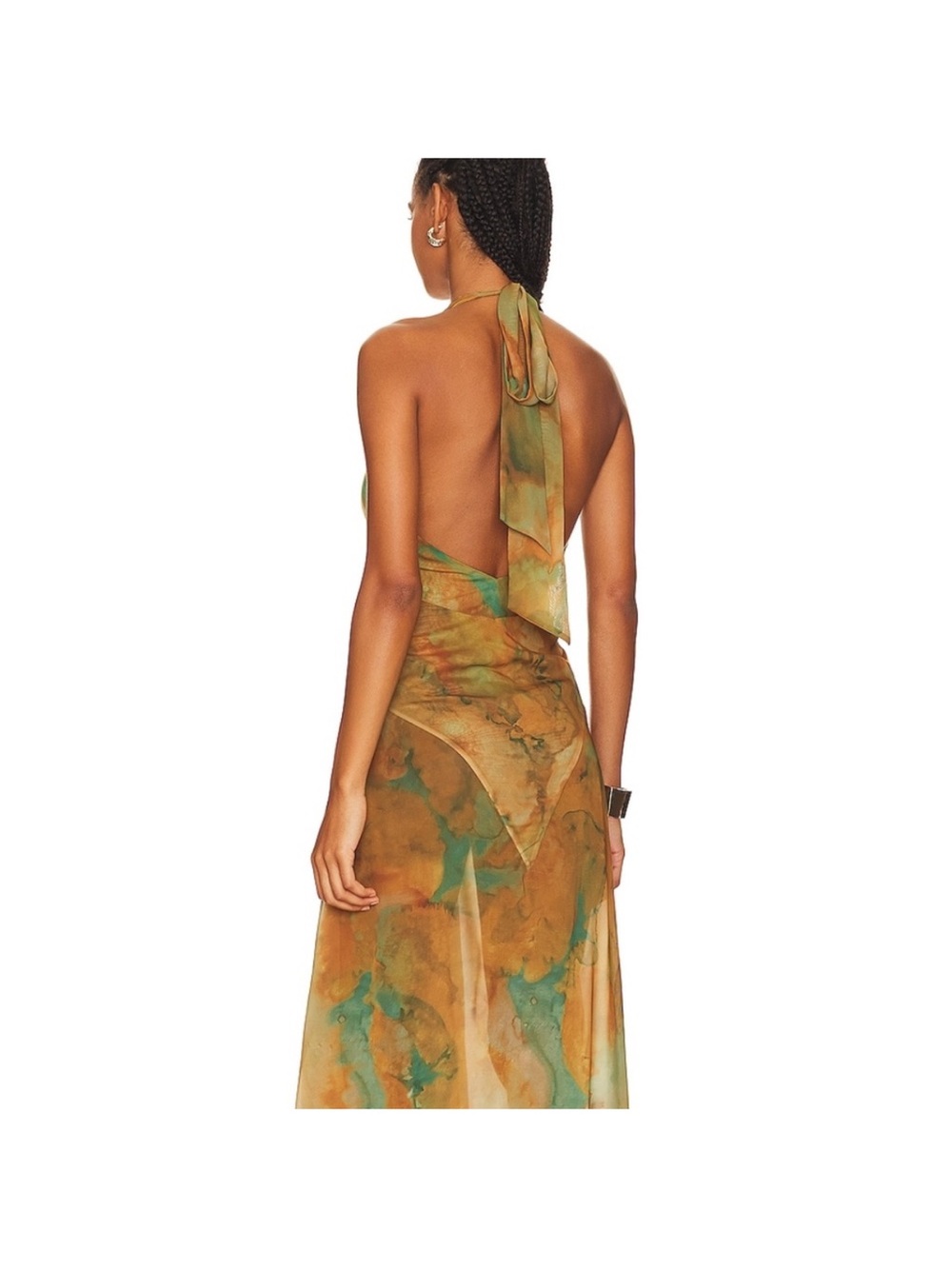 Ronny Kobo Collection Backless Halter Maxi Dress in Green and Brown Watercolor